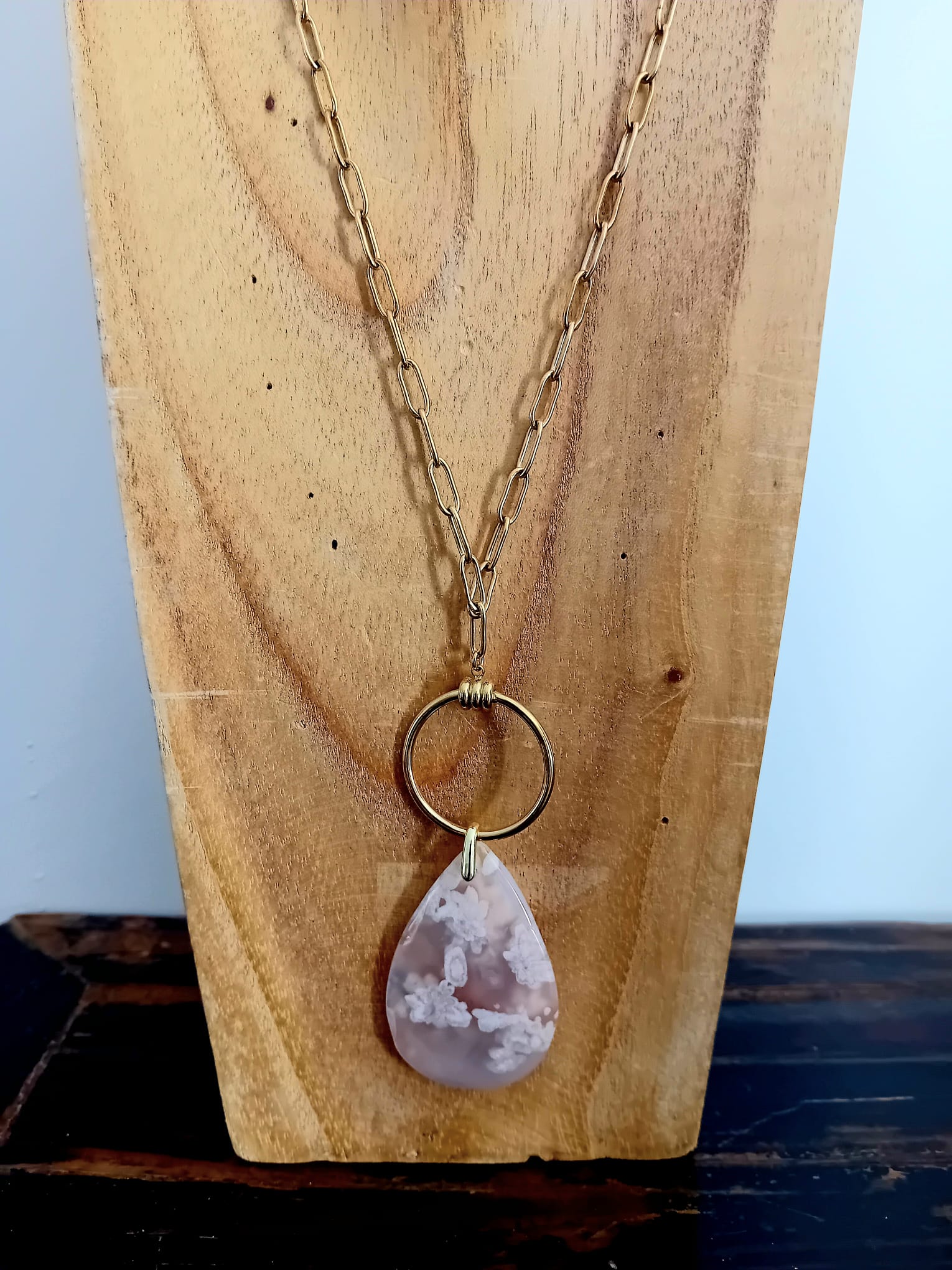 🌸 Collier en Agate Fleur de Cerisier & chaîne en acier inoxydable 🌸 – Image 3