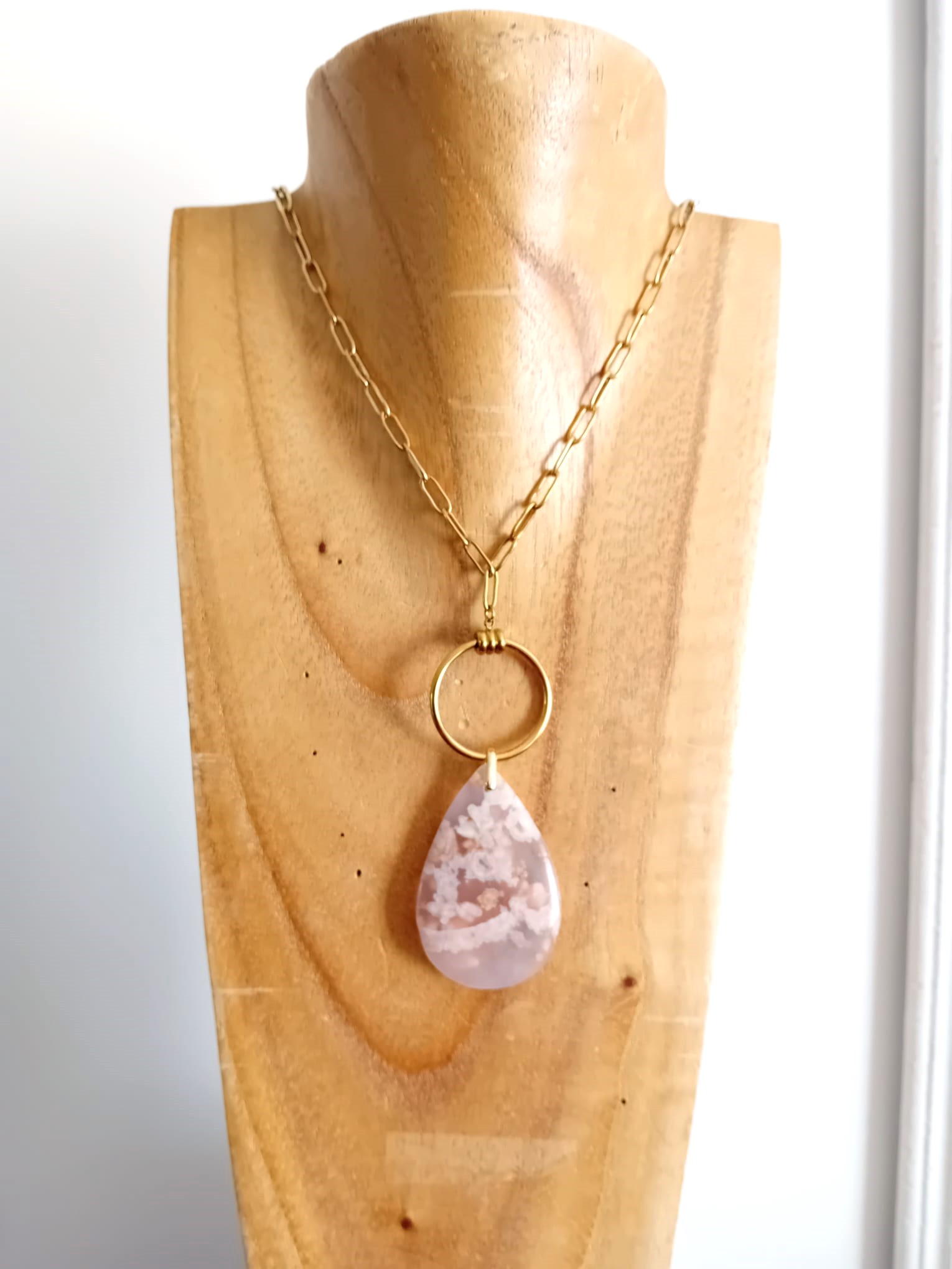 🌸 Collier en Agate Fleur de Cerisier & chaîne en acier inoxydable 🌸